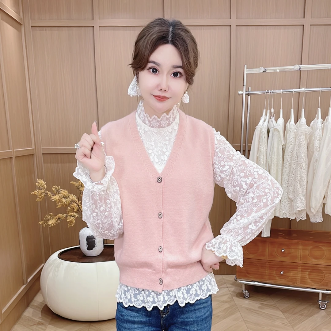 闺蜜精品091204【柠釉】蕾丝打底衫马甲两件套