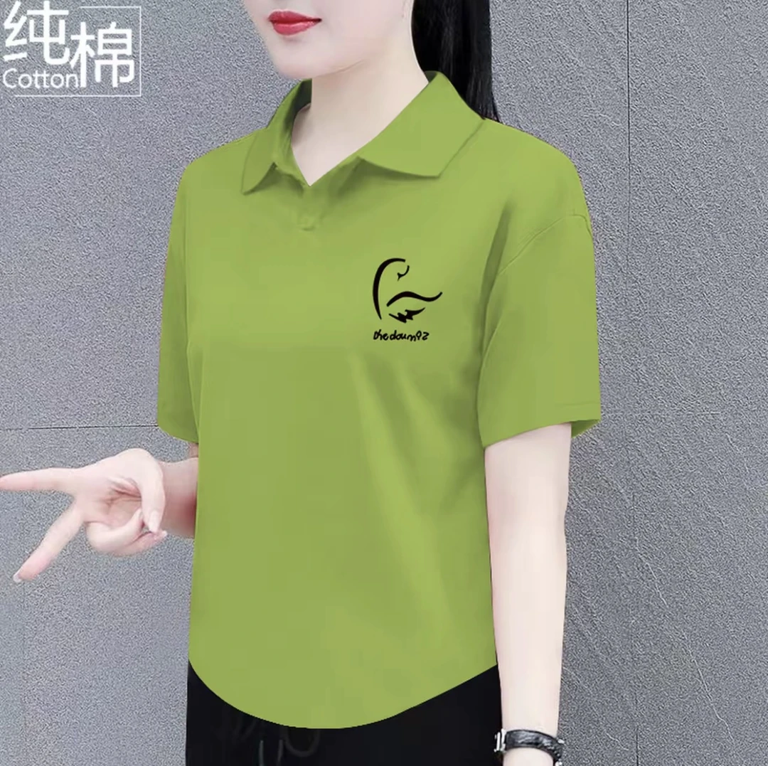 夏季新款高档100%纯棉短袖t恤女时尚polo领百搭显瘦休闲上衣翻领