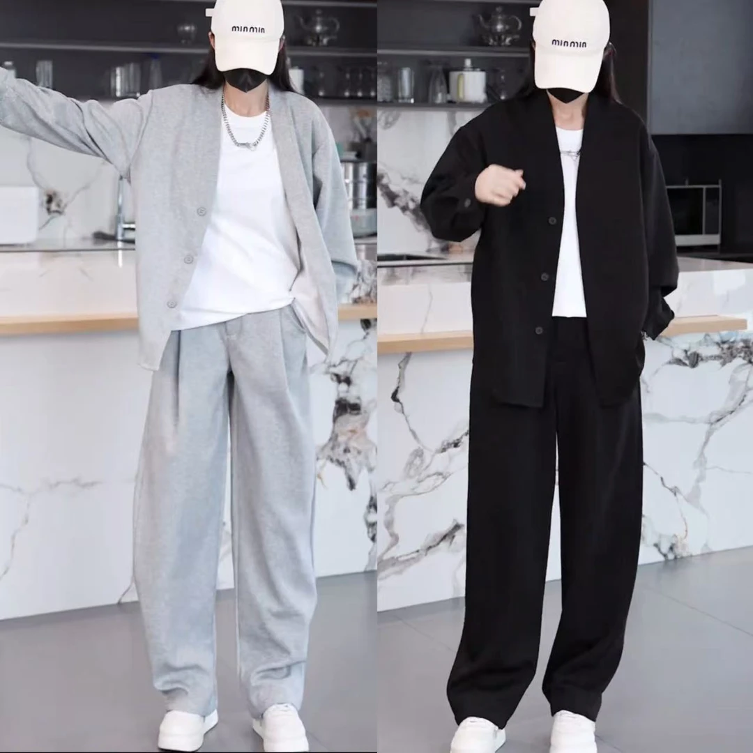 秋季新款男士复古慵懒风两件套开衫宽松休闲显瘦压褶休闲运动套装