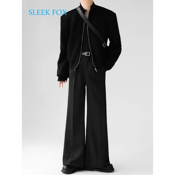 男裤休闲黑色褶皱西服垂感九分新款微喇叭西裤男西装裤西装长裤