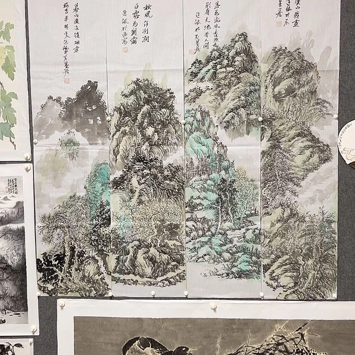 横款四尺对开四条屏带合影