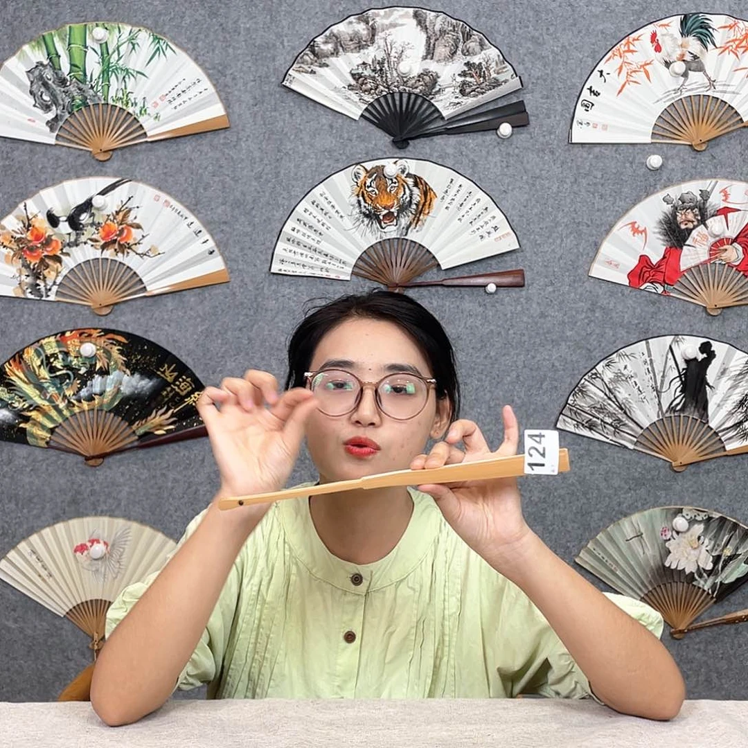 国画95寸水磨玉竹纯手绘-文玩扇骨（默认粘好）124