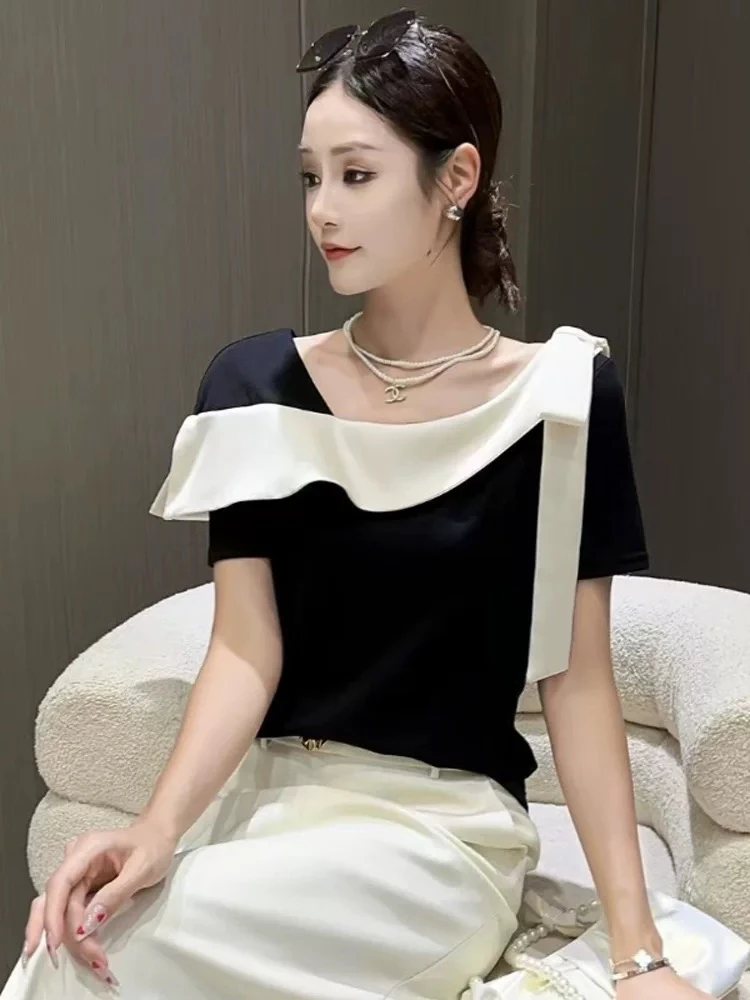 兰兰家斜领小众短袖拼接洋气T恤修身型百搭法式显瘦