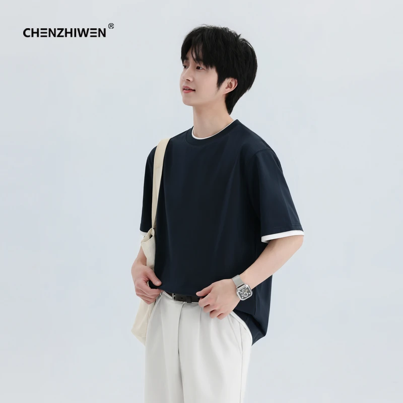 陈智文夏季新款撞色叠穿假两件百搭宽松休闲圆领短袖半袖T恤男款