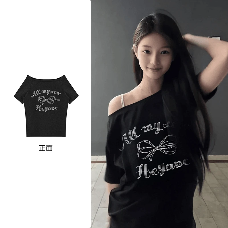 【夕夕专属】韩系斜肩短袖t恤夏季蝴蝶结印花休闲百搭露肩上衣#H03