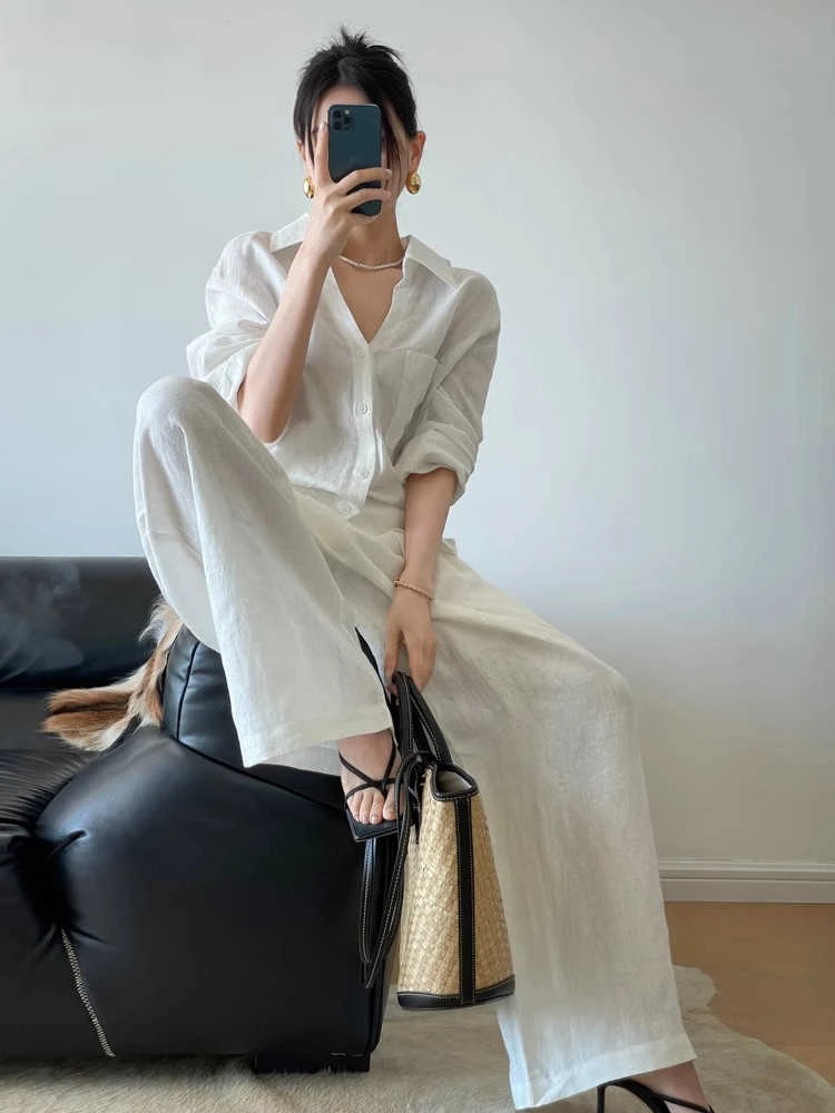 【景汇专属】老钱亚麻夏季薄款透气防晒衬衫阔腿裤两件套 26252