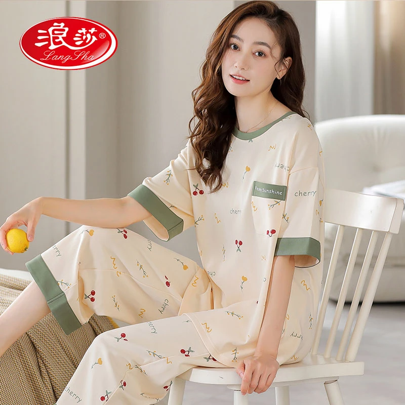 浪莎品牌新款睡衣女三件套夏季薄款短袖七分裤短裤甜美睡裙家LS