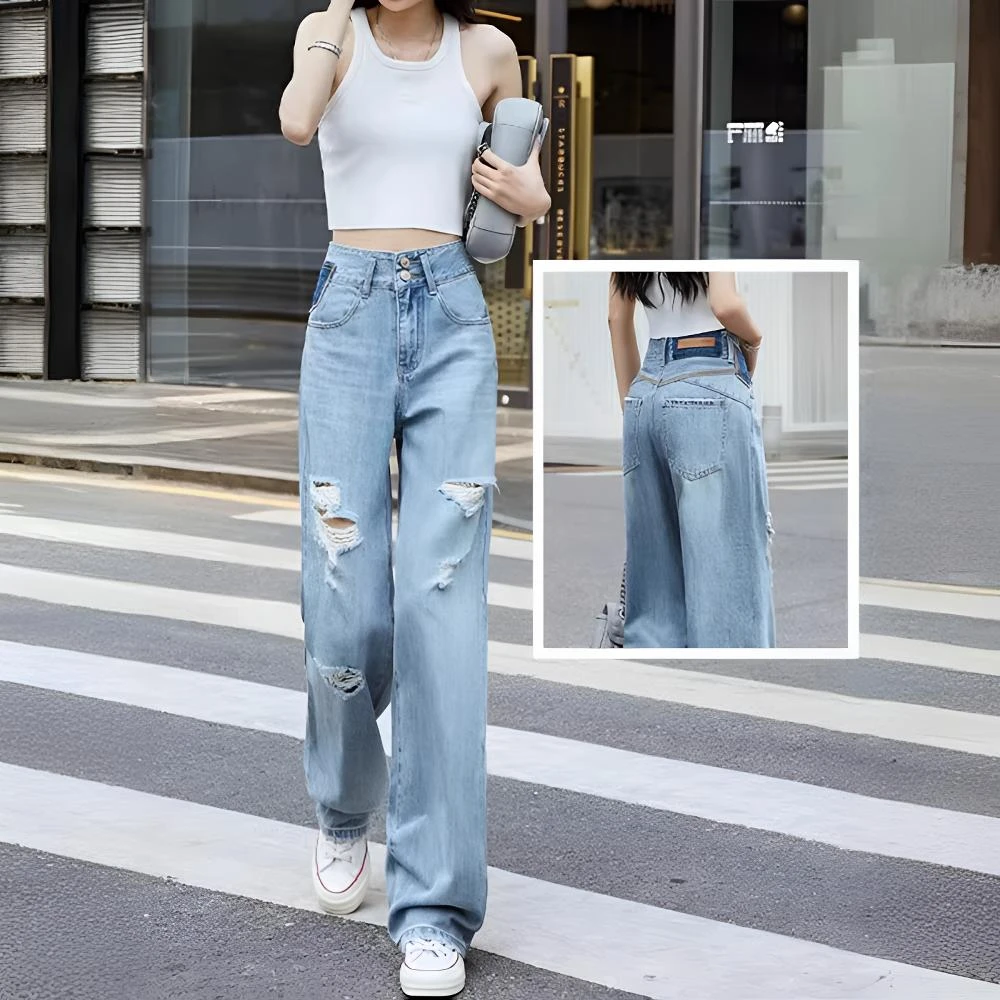 2025新款港风破洞直筒牛仔裤女胖妹妹大码高腰宽松显瘦窄版阔腿裤