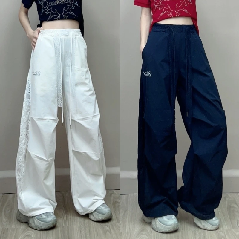 夏季新款侧边拼蕾丝宽松长裤嘻哈抽绳复古设计透气凉爽跳舞裤子