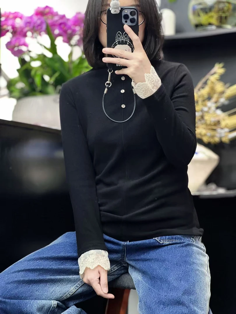 8937 加绒百搭立领冬季网红半高领蕾丝长袖T恤纽扣拼接