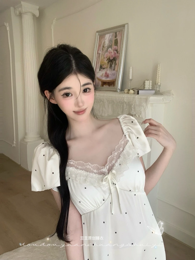 1豆【白皙月光】月光丝带胸垫短袖睡裙高腰显瘦夏季女蕾丝法式睡衣