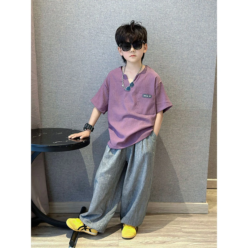 男童新款夏季潮流百搭v领短袖套装中大童个性舒适宽松两件套男孩