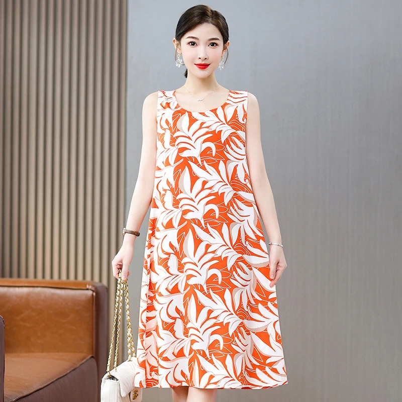 棉绸夏季薄款女士裙子宽松无袖中长款连衣裙显瘦妈妈装妈妈装夏季