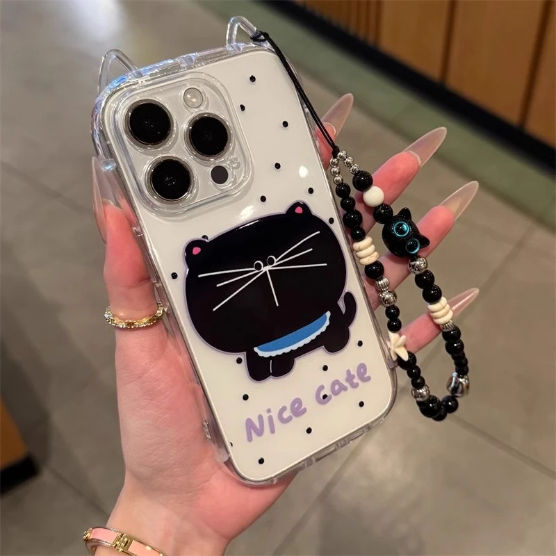 大脸黑猫挂链适用iPhone16promax苹果15手机壳14防摔13可爱11少女