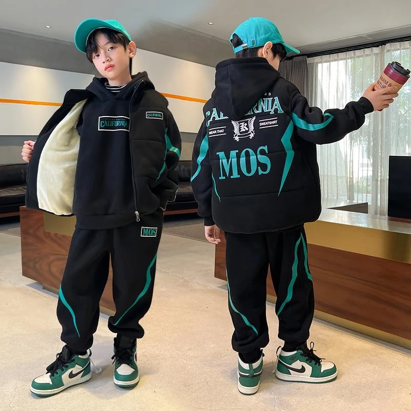 范哲萨童装男童秋冬装加厚三件套2025新款中大童炸街儿童冬季加绒