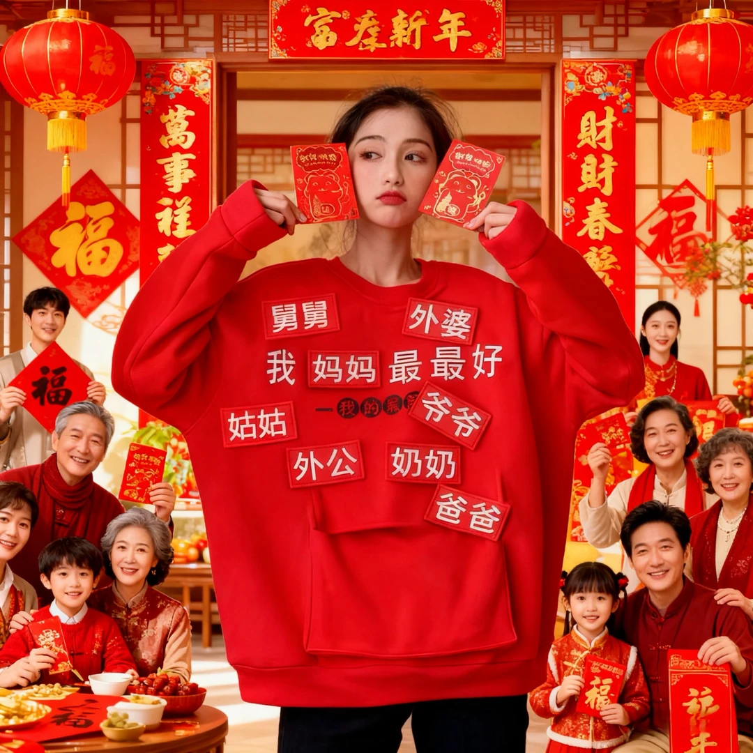 卫衣加绒新年红包加厚儿童秋冬恭喜发财新款衣服过年上衣红色拜年