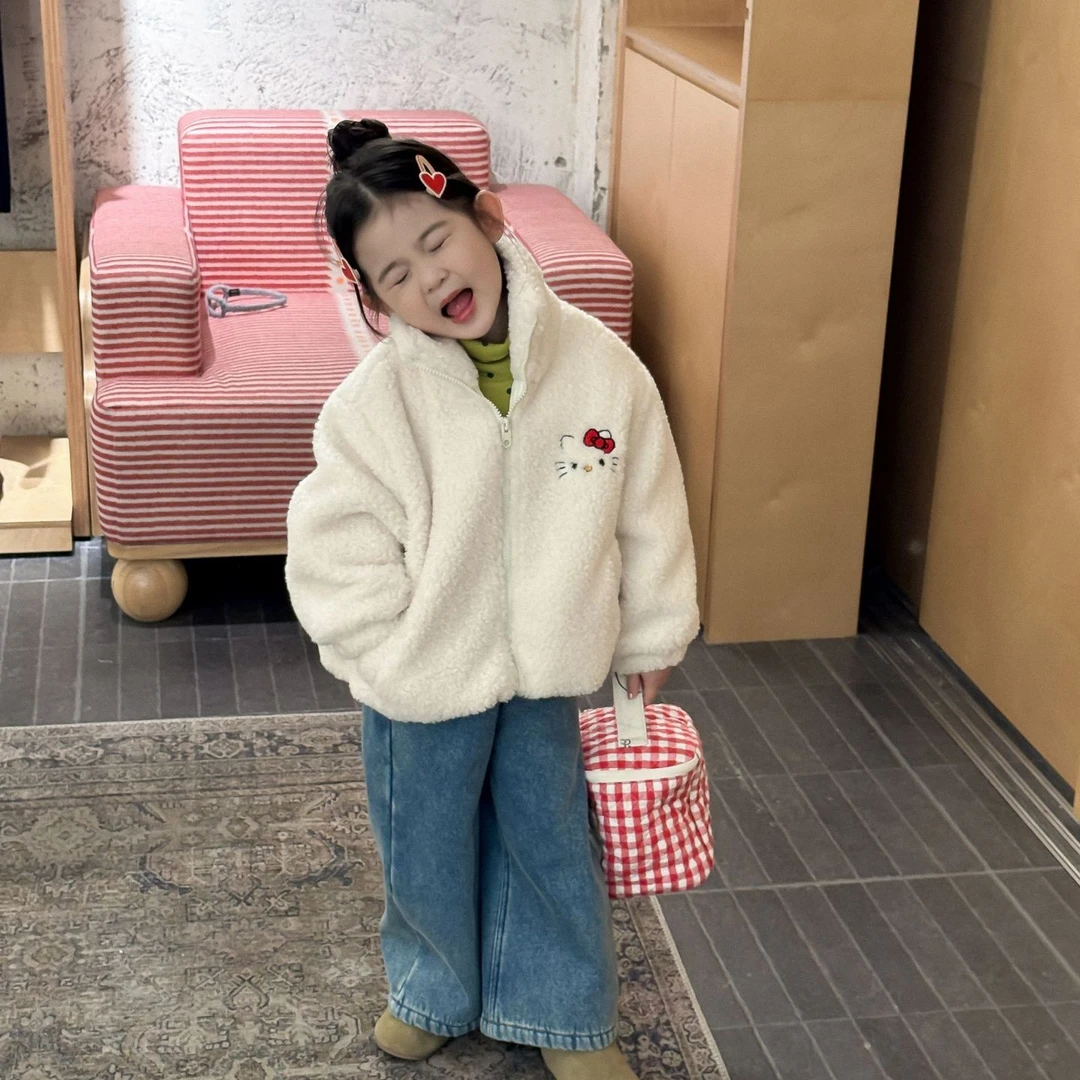 2025冬季新款童装 韩版童装 女童可爱猫咪刺绣外套 毛毛衣 牛仔裤