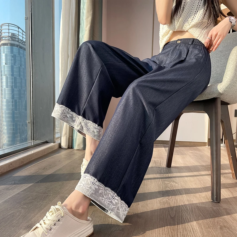 复古阔腿牛仔裤女秋季薄款高腰宽松垂感蕾丝花边九分直筒裤子