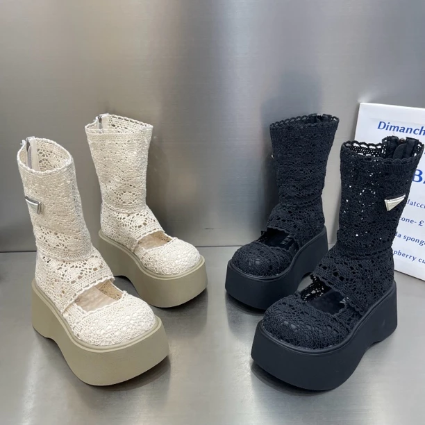 【8厘米】圆头拉链镂空平底轻便欧美风短靴高帮网靴高跟单靴