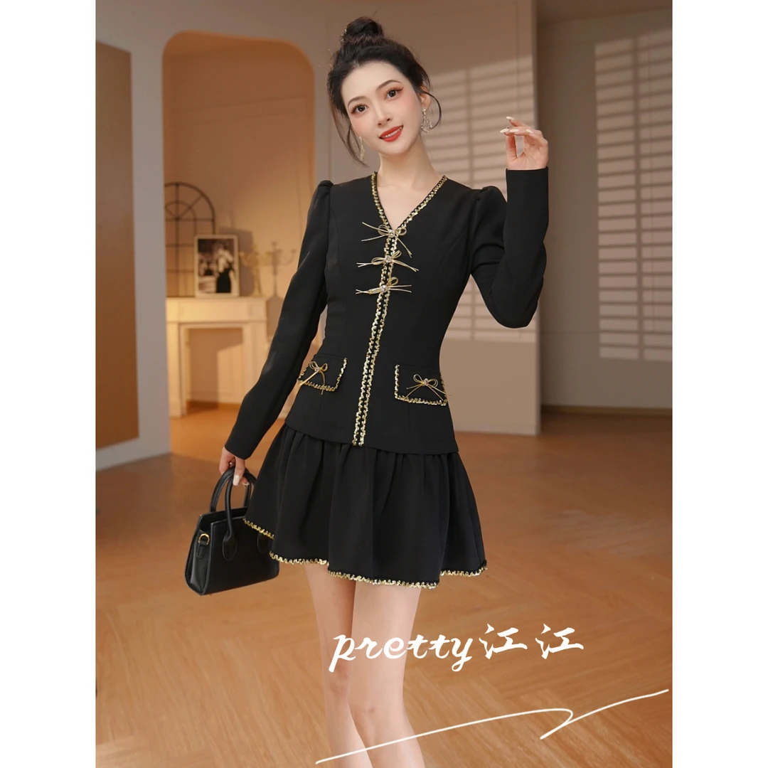 Pretty小众设计师品牌江江定制 修身显瘦V领小香风连衣裙21895