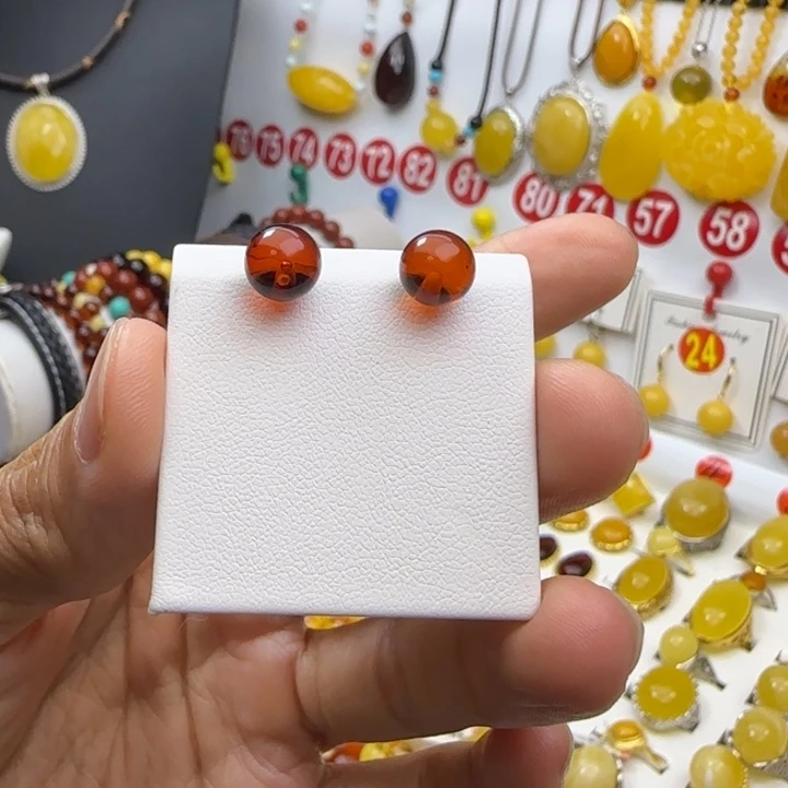 琥珀银S925镶嵌耳钉