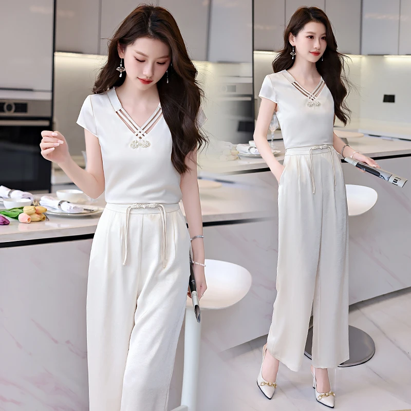 BAO2025年现货夏季时尚潮流V领盘扣衬衣时尚盘扣宽松阔腿裤两件套