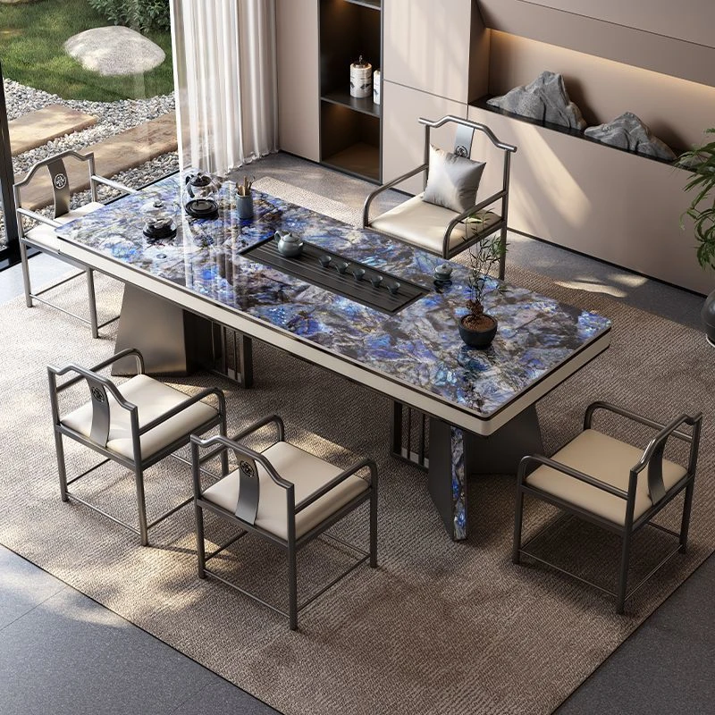 新中式奢石岩板茶台现代轻奢办公桌书桌高级感家用泡茶茶桌椅组合