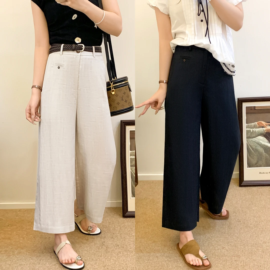 藏青色亚麻苎麻阔腿裤女秋季新款胖mm老钱风西装直筒棉麻休闲裤子