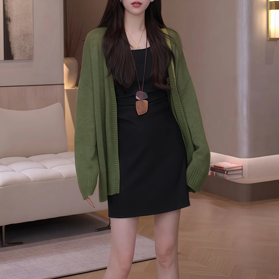 休闲慵懒风薄款针织百搭时尚长袖开衫2025早秋素纯色通勤开衫上衣