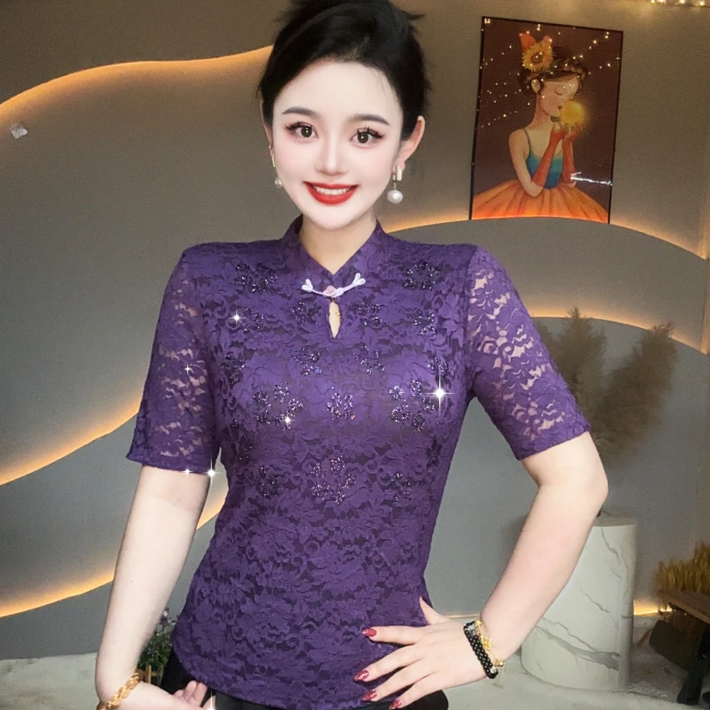 【开春新款】新中式国风亮砖佳人爆款洋气重工短袖打底女3049