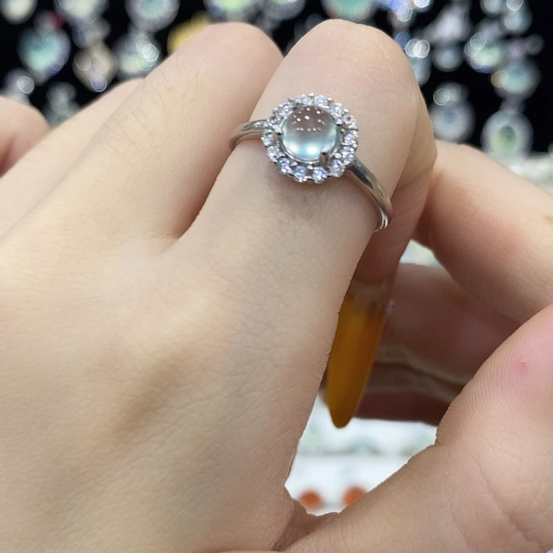 蛇纹石玉银S925镶嵌戒指天青冻