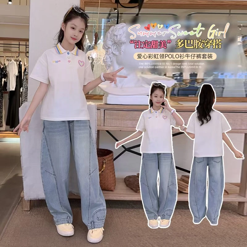 女童短袖T恤套装夏2025新款女孩宽松休闲儿童POLO衫牛仔裤两件套.