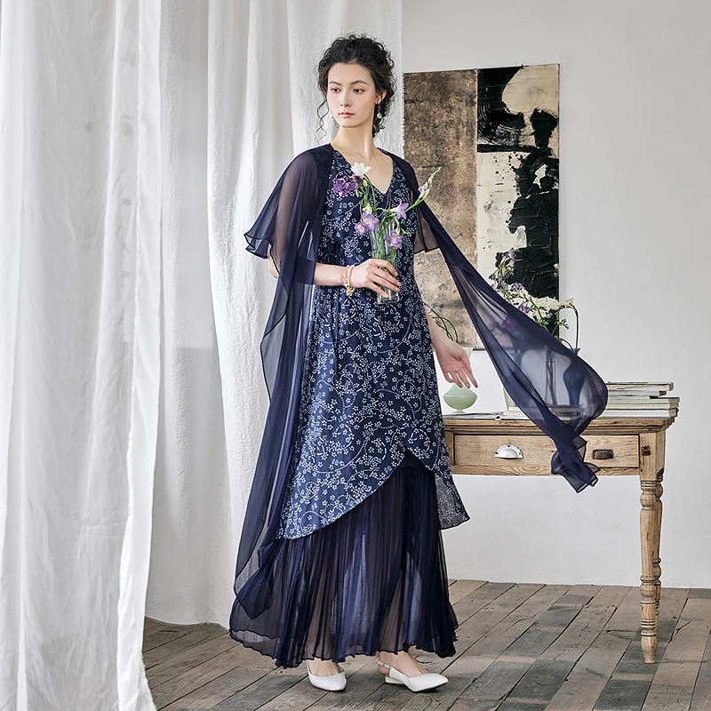 生活在左复古印花连衣裙套装蓝印花纹春夏背心裙披肩女1952273