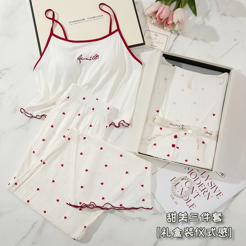 新款睡衣女春秋季棉绸甜美纯欲风带胸垫可外穿家居服三件套礼盒装