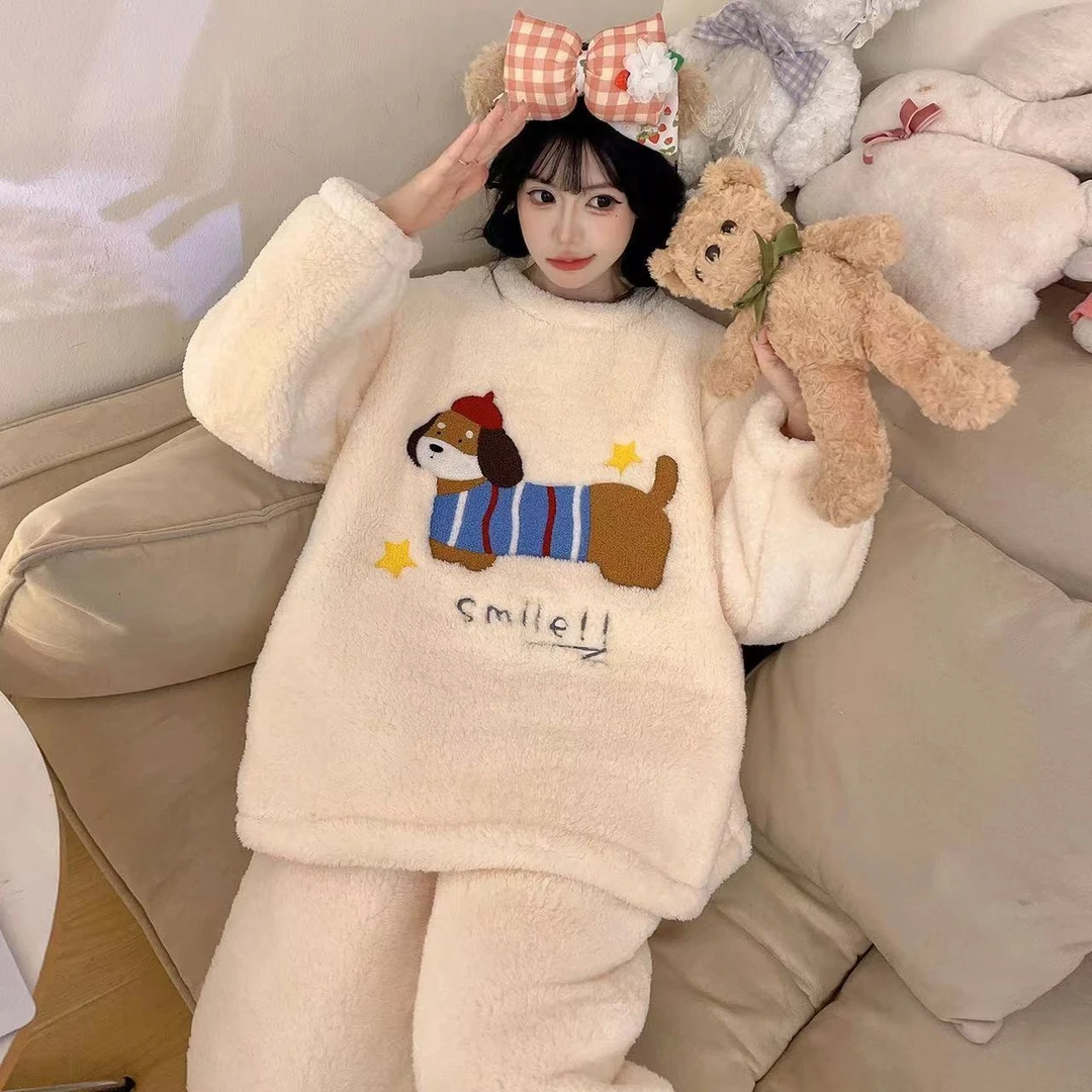 【慵懒风】热妒半边绒睡衣女秋冬季珊瑚绒加绒加厚套头家居服套装