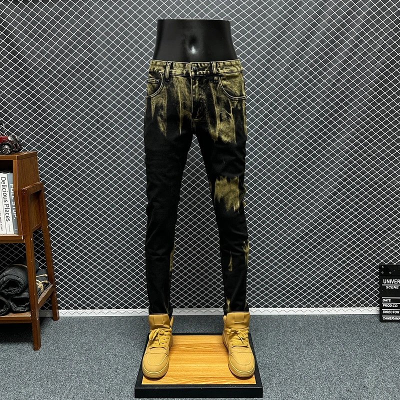 秋冬新款男士牛仔裤泼墨扎染修身小脚裤水洗弹力休闲痞帅潮男裤子