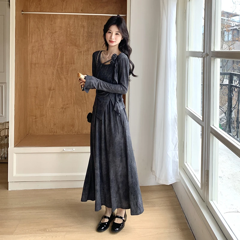 设计感花灰色不规则上衣半身裙两件套2025春新款超好看显瘦套装裙