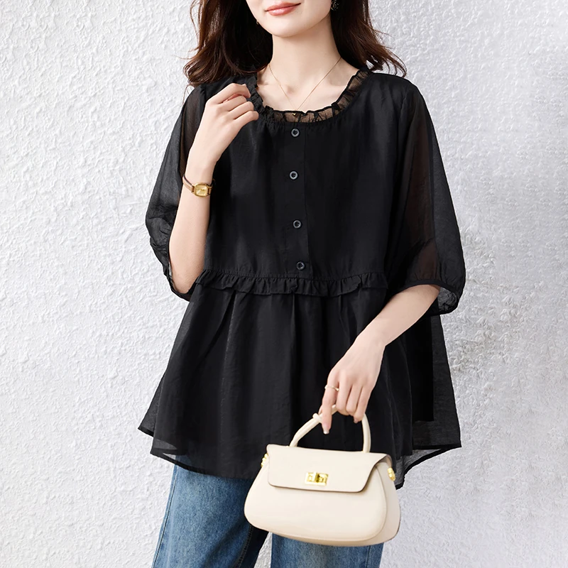 夏季大码黑色洋气短袖雪纺衫新款百搭遮肉透气显瘦气质上衣女小衫