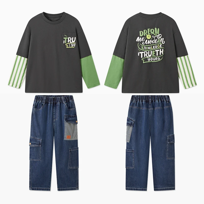 MQD童装25春新品学院风基础内搭上衣撞色字母长袖T恤套装TCW0302B