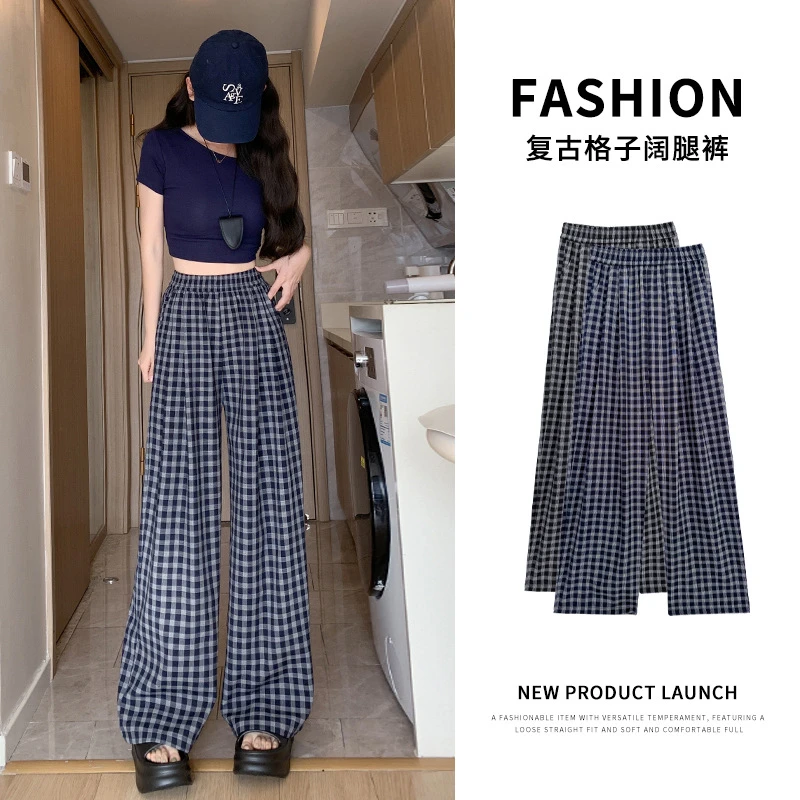 TIFICY户外慵懒复古风格子阔腿裤夏季新款高腰宽松百搭显瘦直筒裤
