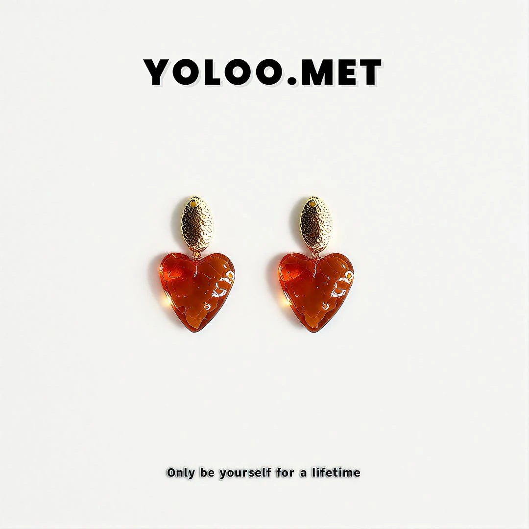 铜合金树脂耳饰 【YolooMet】法式小众气质时尚甜美桃心设计感耳饰