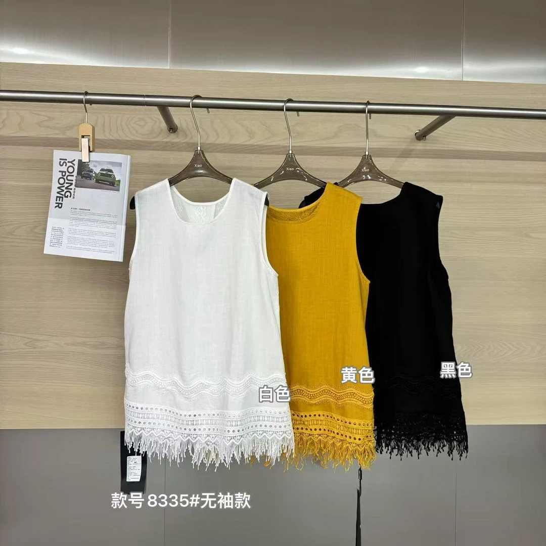 杨杨 潇家-（蜜蜡麻套）欧货重工流苏花边蜜蜡T丝麻上衣8335/无袖