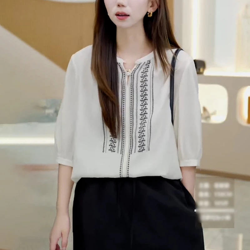 复古轻奢七分袖衬衫女2025年秋季新款设计感冰丝苎麻小衫减龄上衣