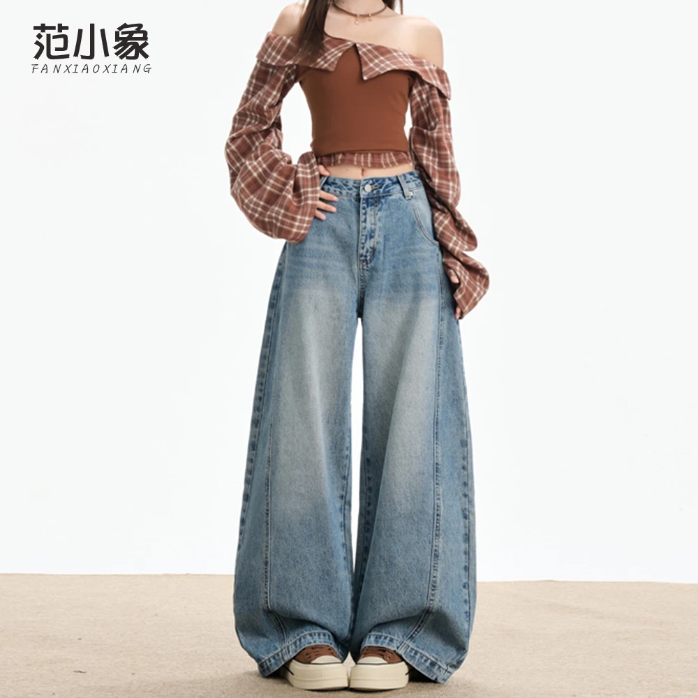 美式复古弯刀阔腿牛仔裤女2025冬季新款宽松显瘦垂感直筒拖地裤子