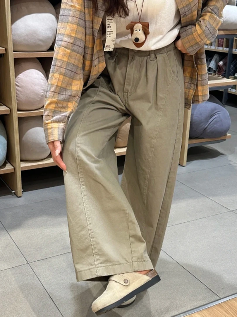 卡其色直筒休闲工装裤女大码女装胖mm宽松显瘦梨形身材弯刀阔腿裤