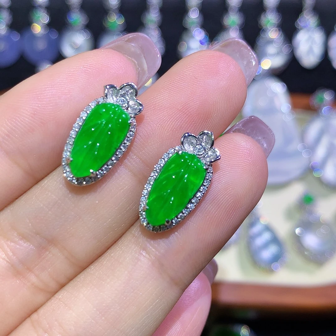 翡翠18K金镶嵌耳饰高冰满绿