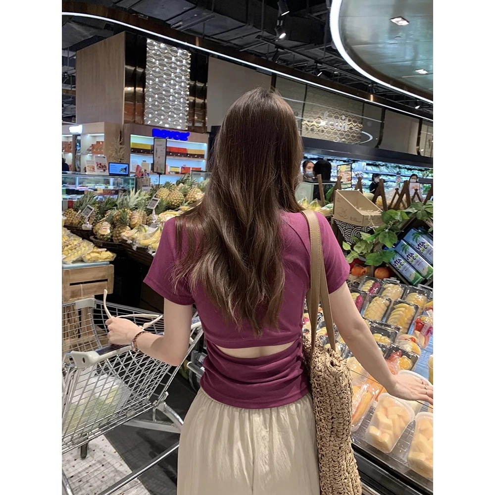 【人棉260克】紫色辣妹心机短款T恤夏季镂空修身收腰短袖上衣