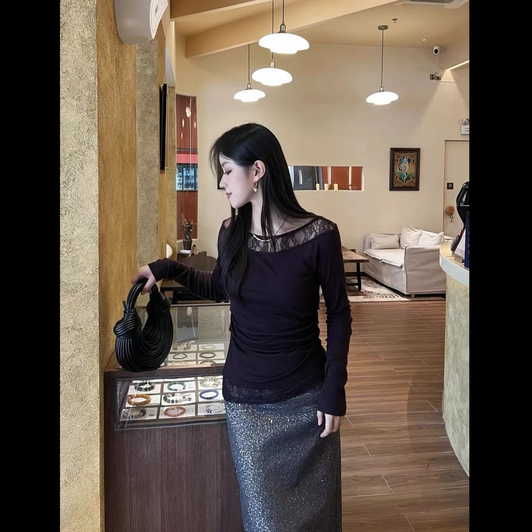 2025秋季新款法式性感一字领蕾丝修身百搭小衫时尚长袖上衣黑色