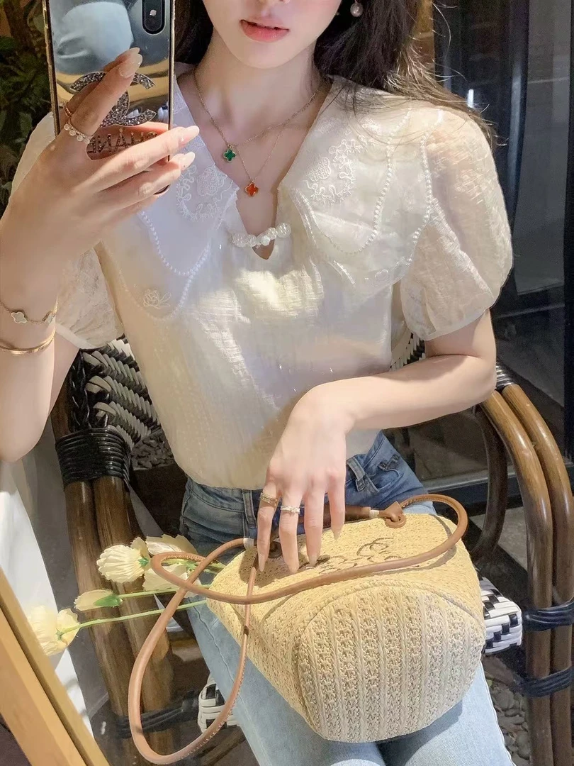 娃娃领衬衣女春夏季2025新款甜美泡泡袖雪纺衫高级洋气上衣女