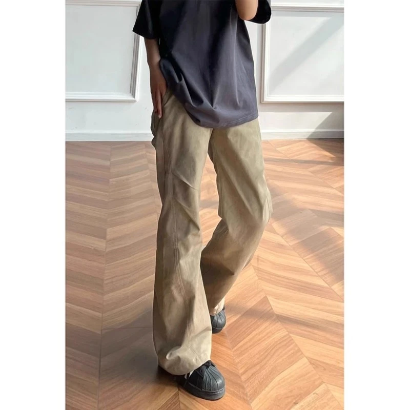 卡其色vintage古着裤子美式复古迷彩纹褶皱工装裤男款微喇弯刀裤